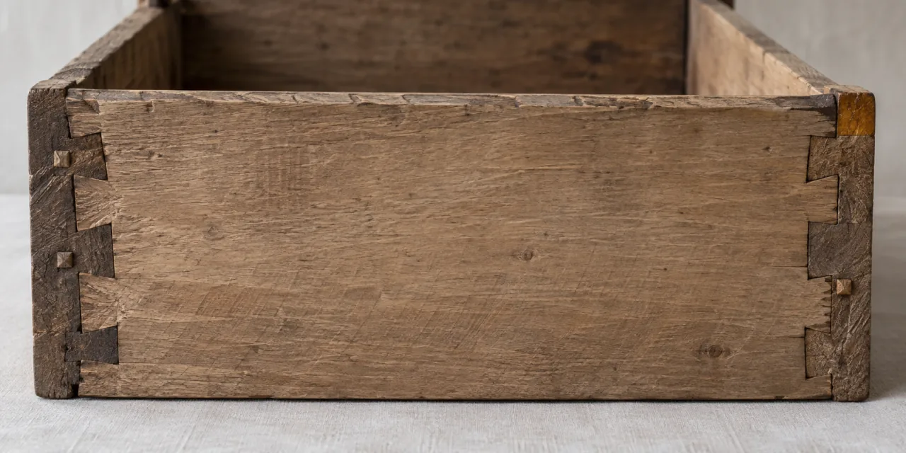 Rovescio di un cassetto antico con code di rondine tagliate a mano e caviglie di legno