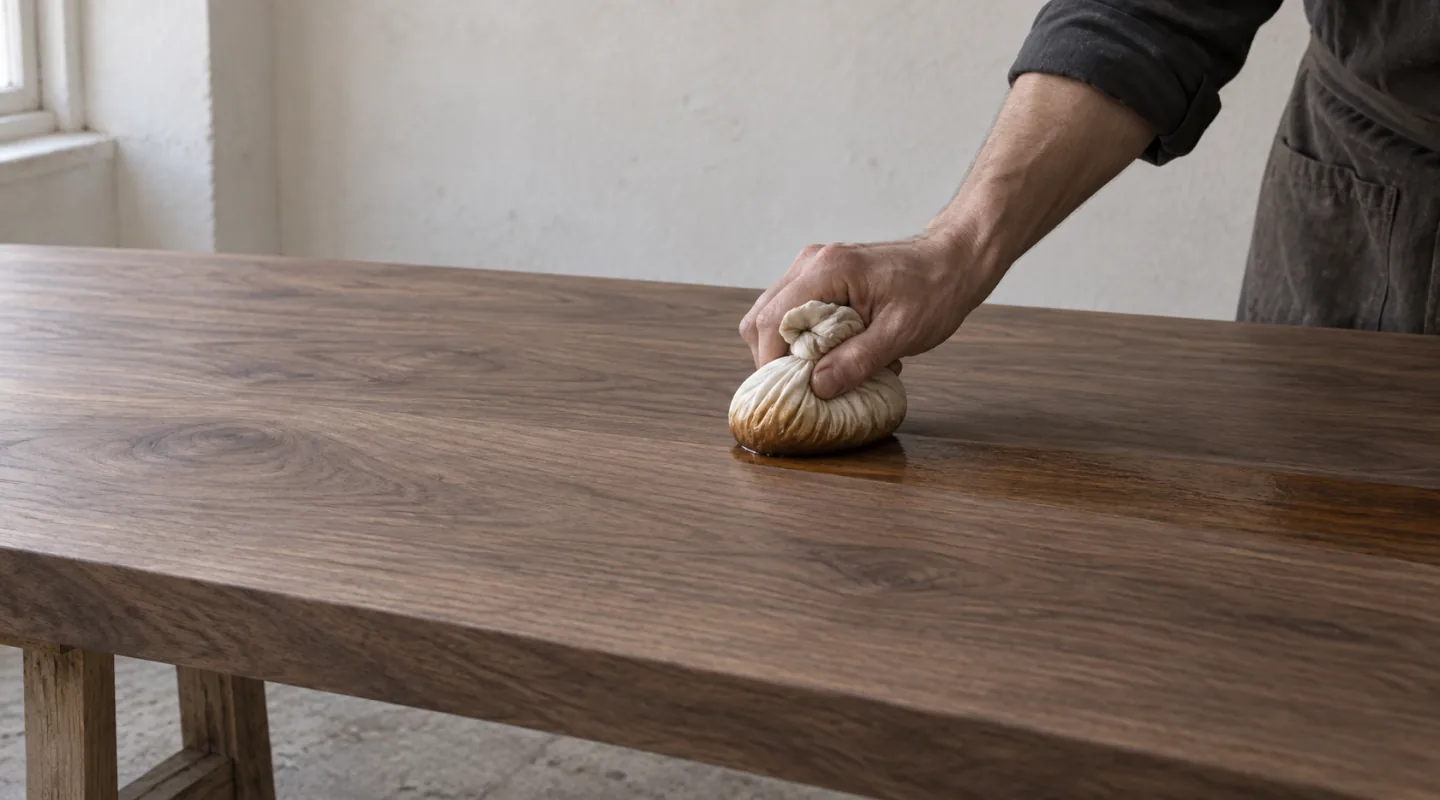 Tampone di stoffa passato in una passata continua su un piano di legno, con la superficie ancora umida dietro il tampone