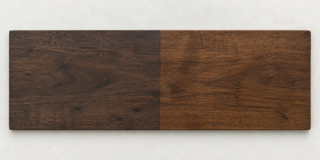Una stessa tavola di legno con le due metà rifinite in modo diverso, a confronto sotto la stessa luce
