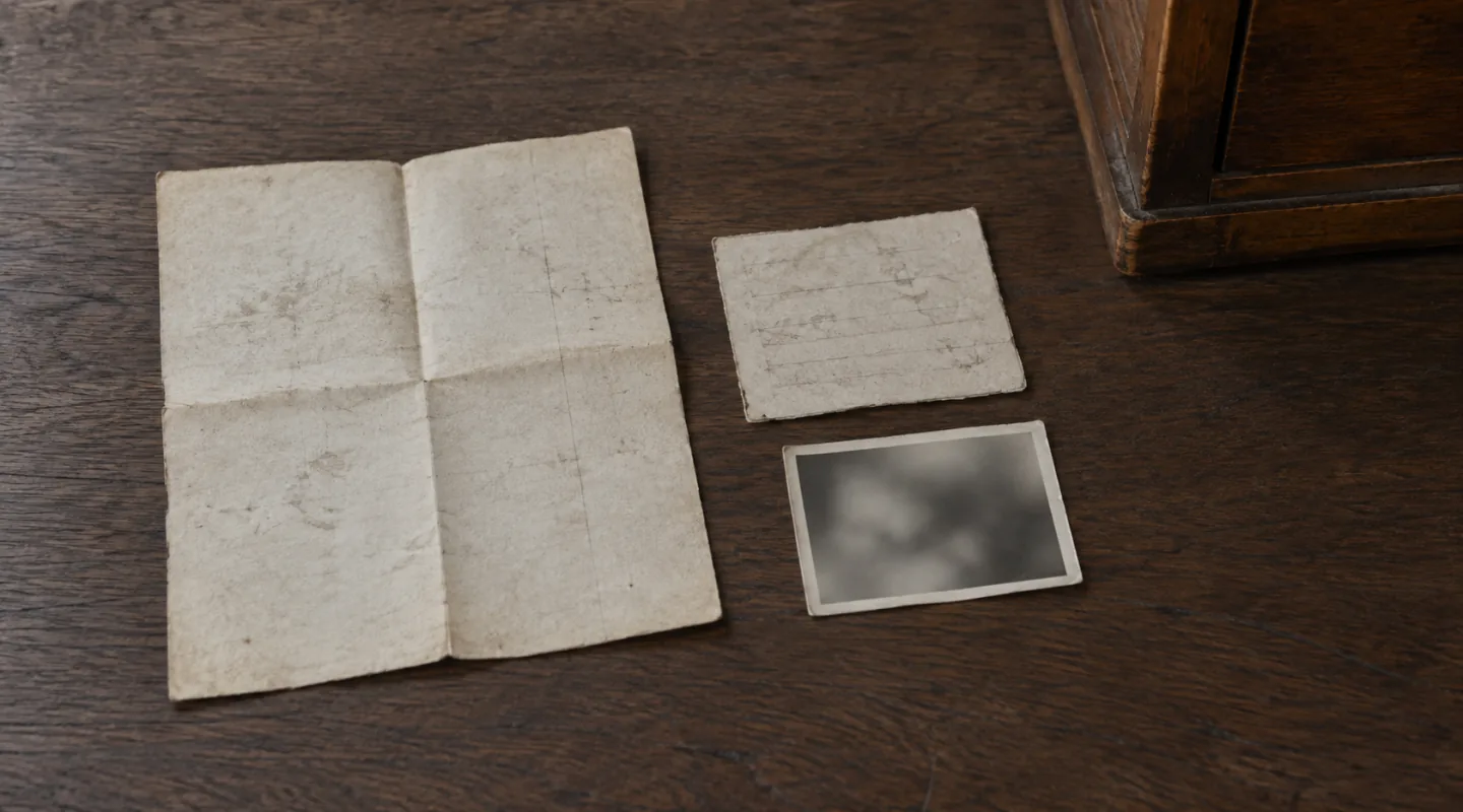 Vecchie carte e una piccola fotografia posate su un piano di legno accanto allo spigolo di un mobile antico