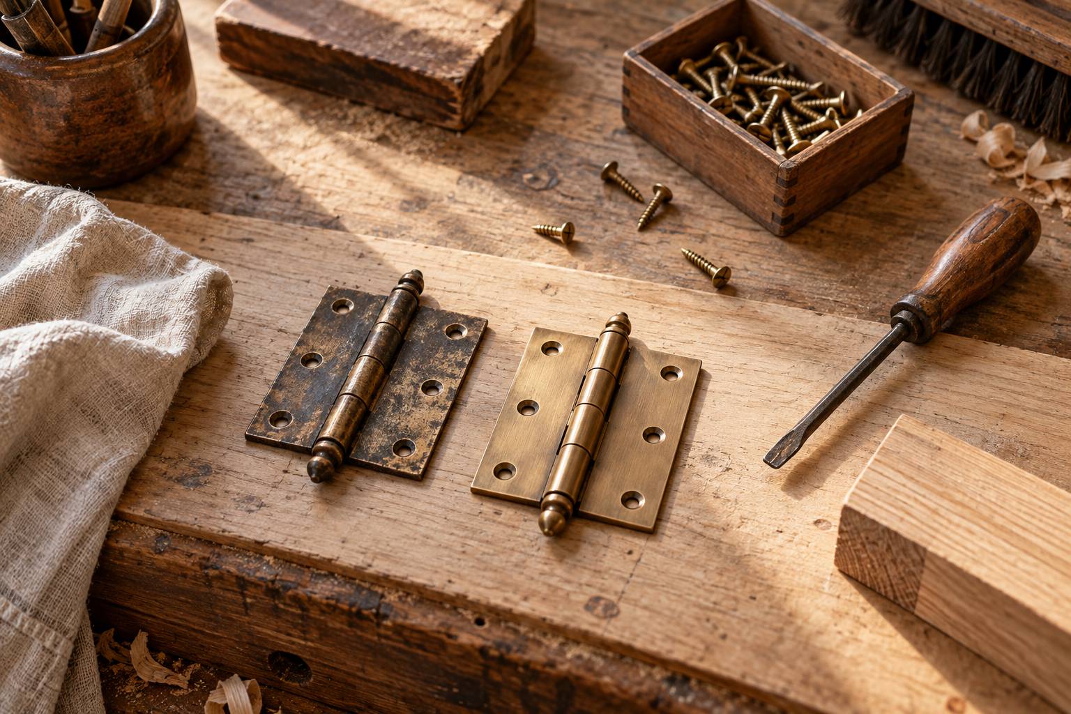 Charnieres anciennes et petite quincaillerie en laiton sur un plan de travail