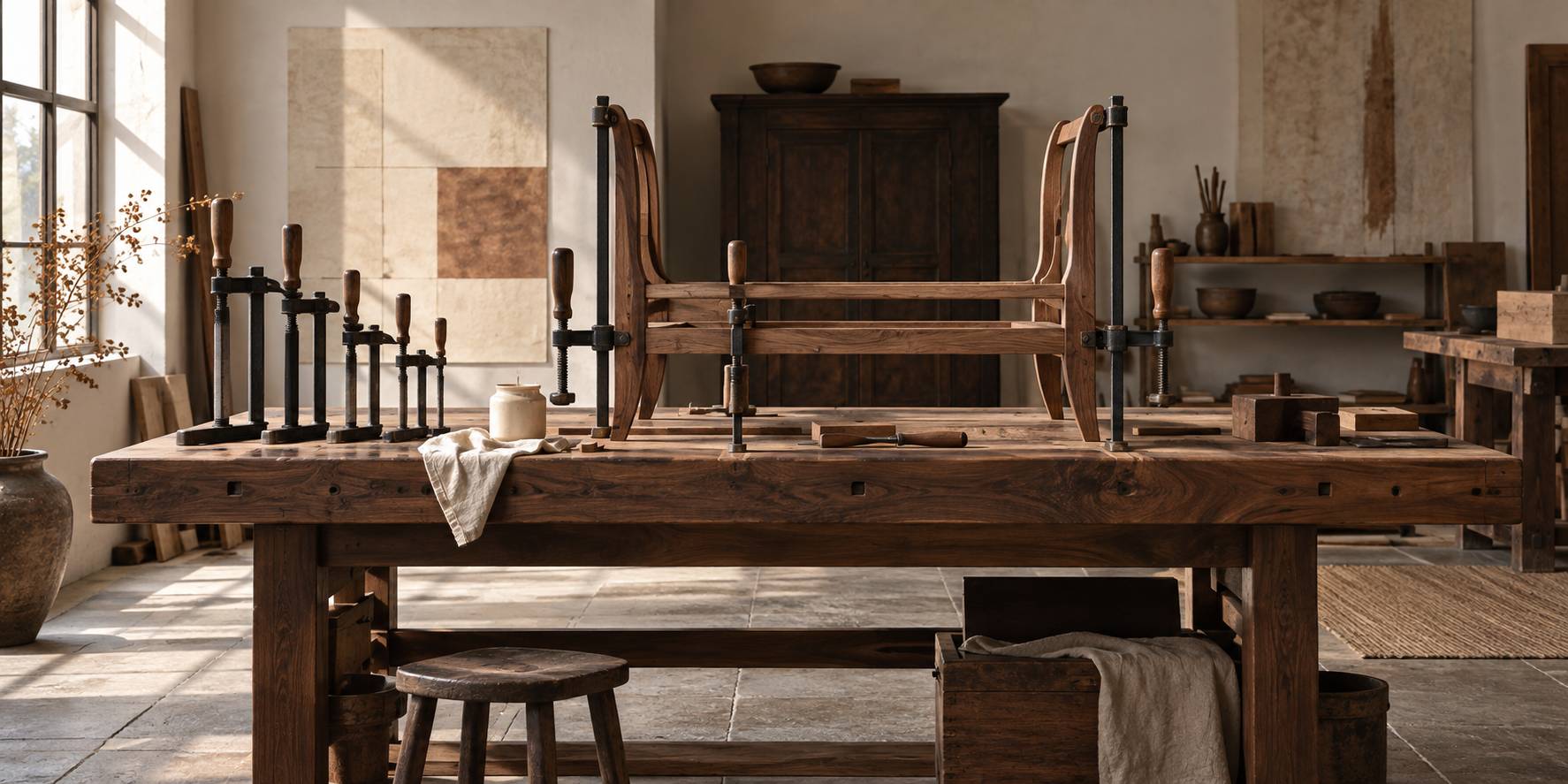 Etabli de menuisier avec panneau de bois serre par des serre-joints en metal