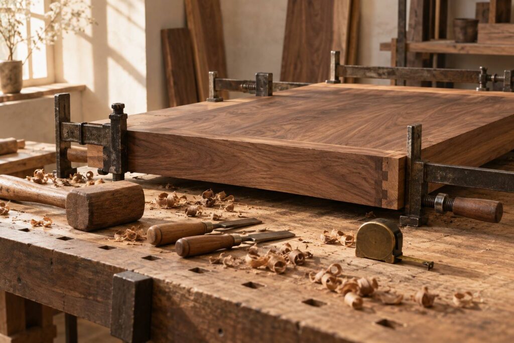 Etabli de menuisier avec panneau de bois serre par des serre-joints en metal