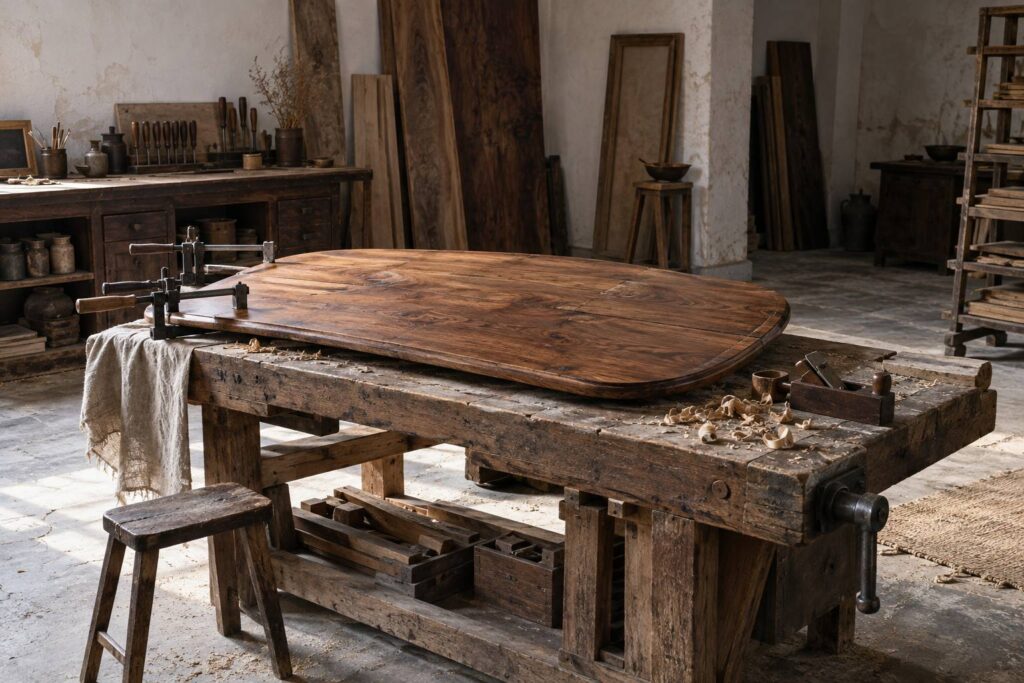 Atelier de restauration avec plateau de table ancien en noyer et outils de menuisier