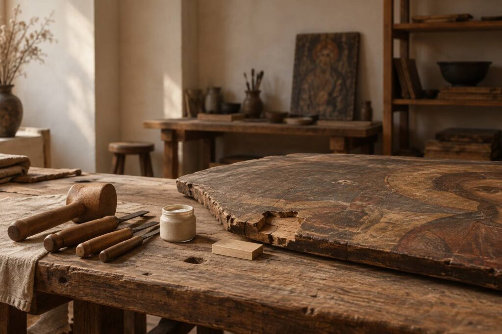 Panneau de bois ancien et tassello de restauration sur un etabli d'atelier