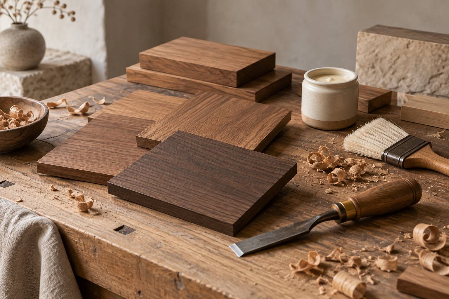 Echantillons de bois et outils de restauration poses sur un etabli