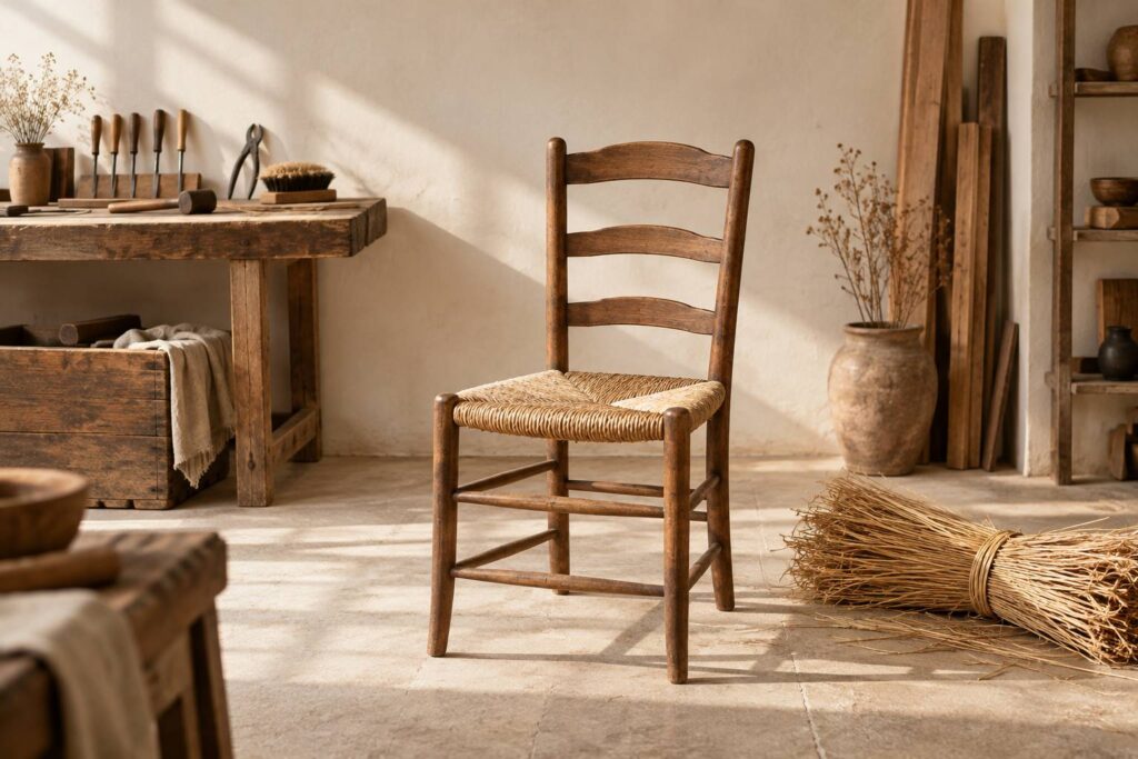 Chaise ancienne a assise de paille tressee dans un atelier de restauration eclaire