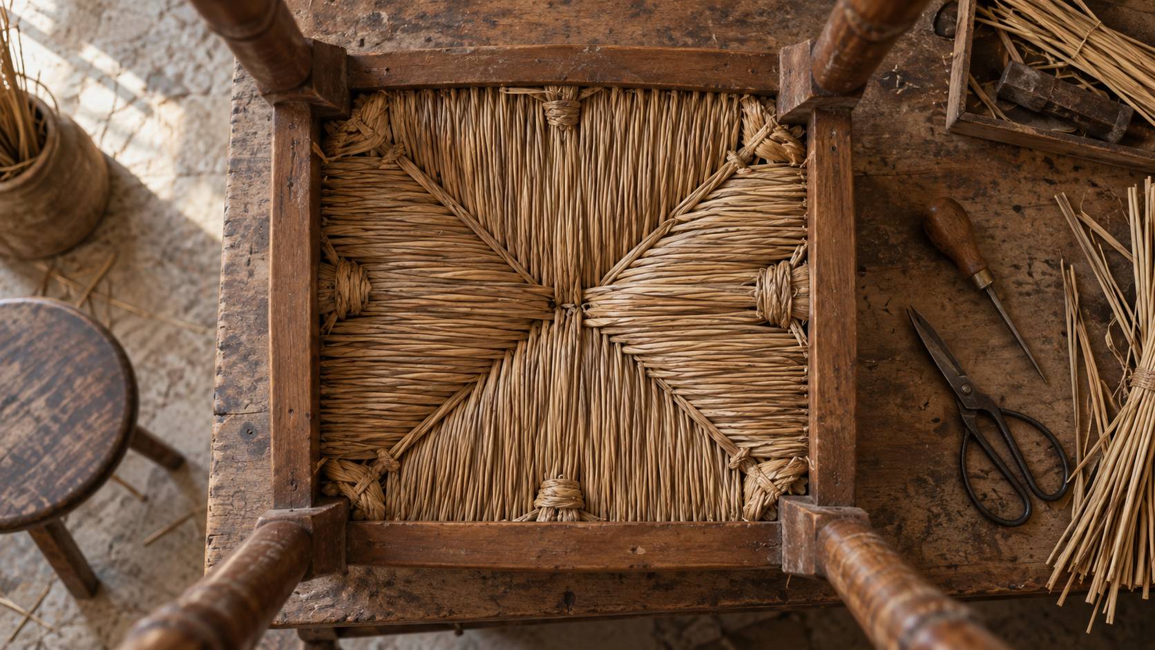 Detail du dessous d'une assise en paille tressee avec noeuds et cadre en bois