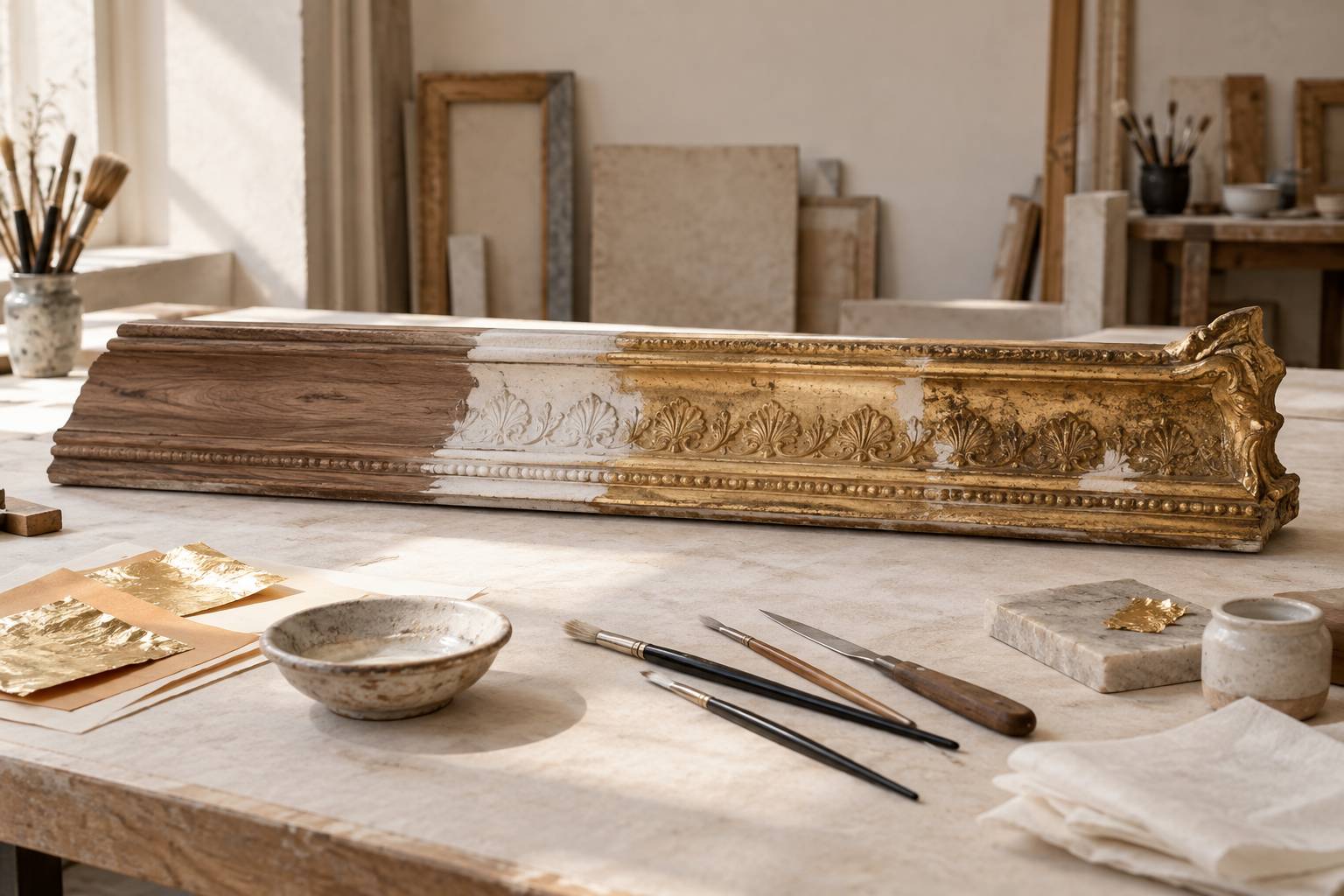 Illustration éditoriale du sujet : Restauro di cornici antiche: dorature, gesso e reintegri