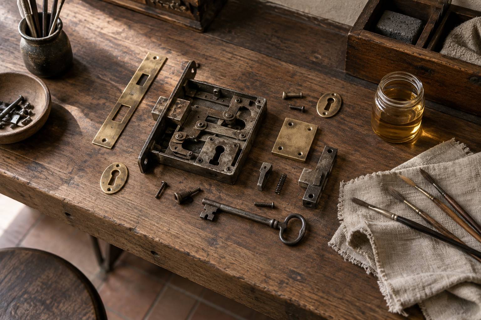 Serrure ancienne demontee et outils de precision sur un etabli