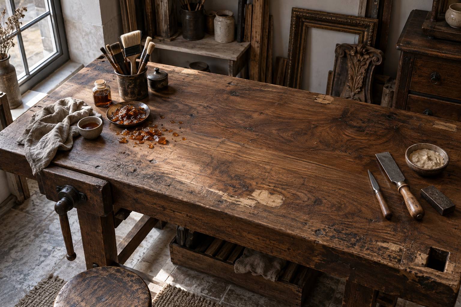 Mastic de comblement lisse a la spatule sur le grain d'un bois ancien