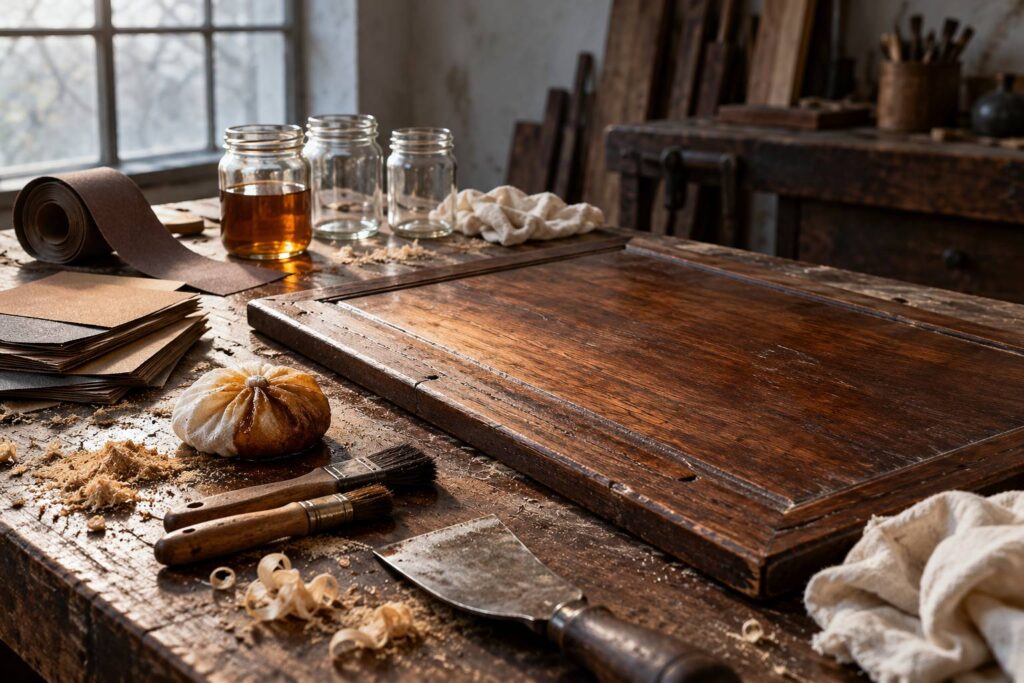 Établi d'atelier de restauration avec panneau de noyer ancien, feuilles de papier abrasif et tampon de gomme laque