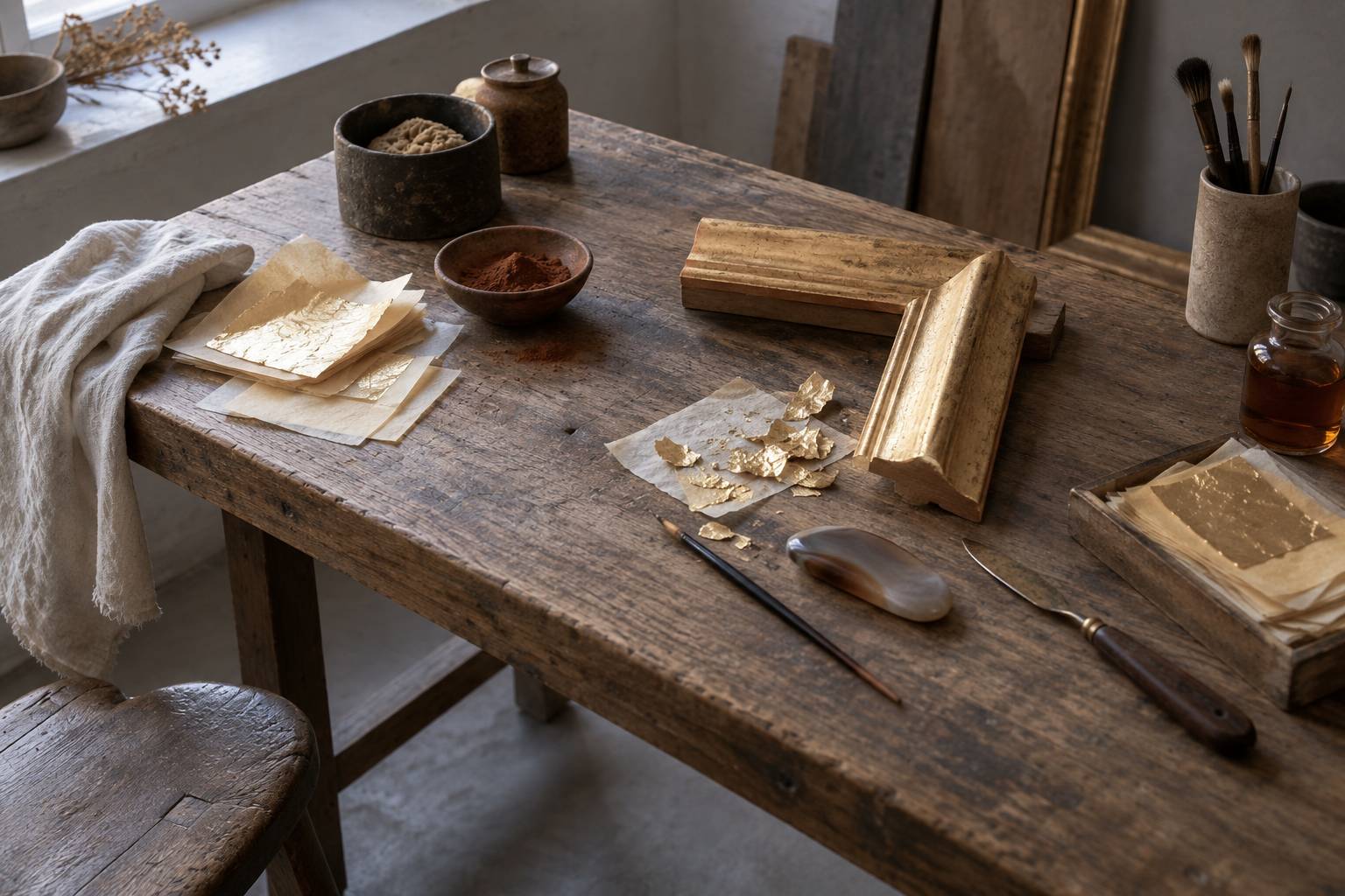 Feuilles d'or, bolo et outils de dorure alignés sur un établi