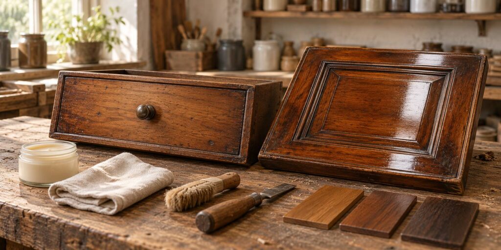 Pannelli di legno antico a confronto, finitura opaca cerea e finitura lucida sotto luce radente