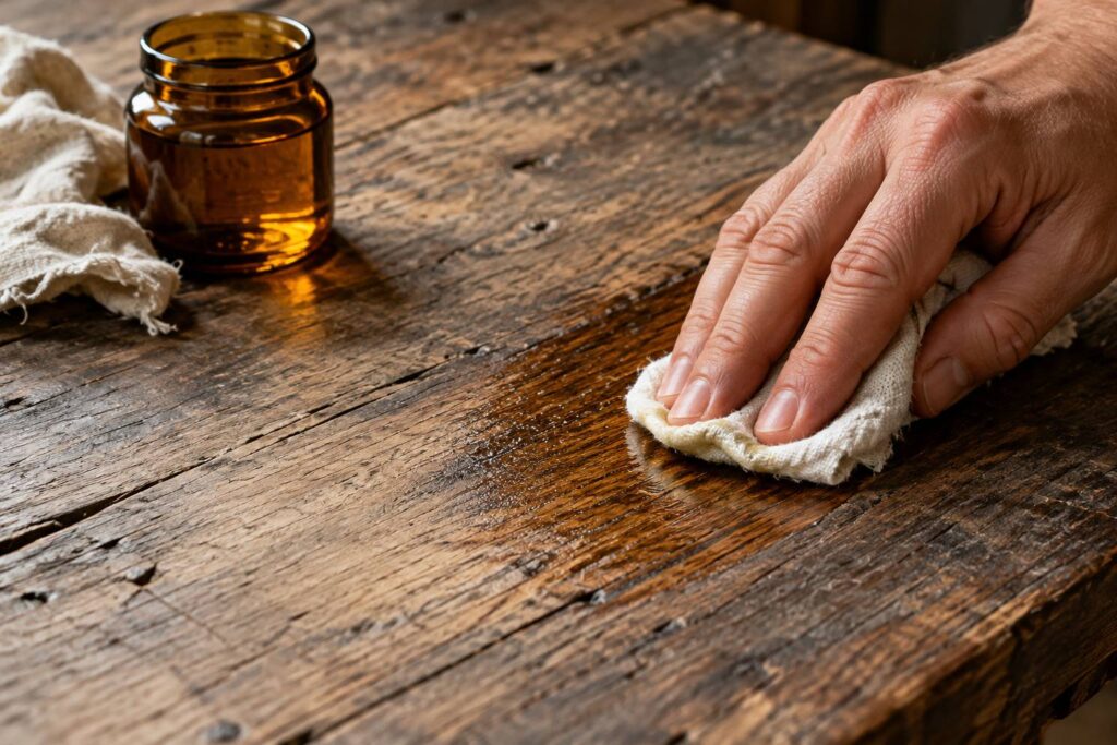 Illustration de détail sur le sujet : Olio di lino sul legno antico: usi corretti e rischi
