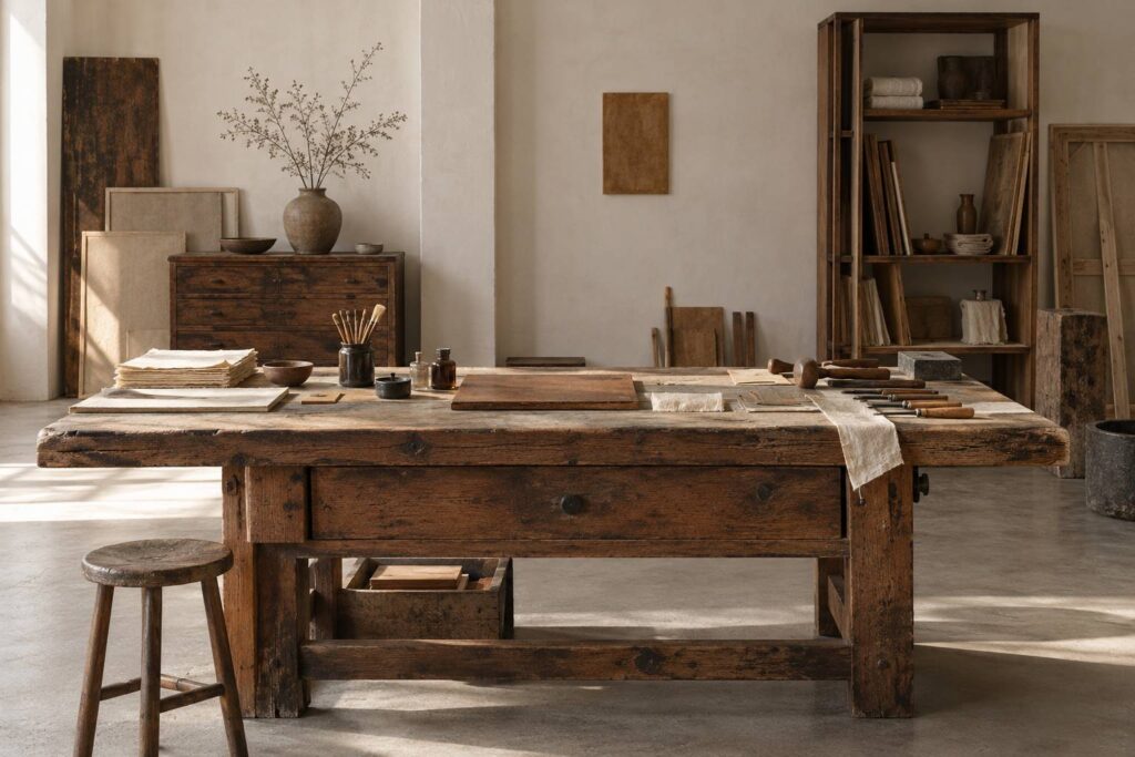 Meuble ancien aux pieds usés dans un atelier de restauration