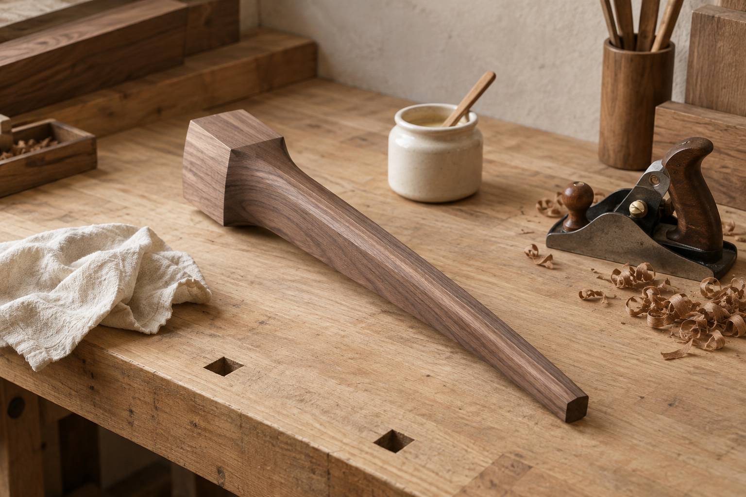 Pied de meuble en bois et rabot sur un établi
