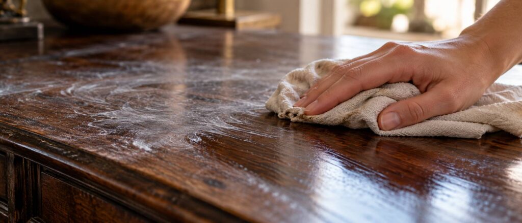 Illustration de détail sur le sujet : Residui di cera accumulati: perché opacizzano il legno