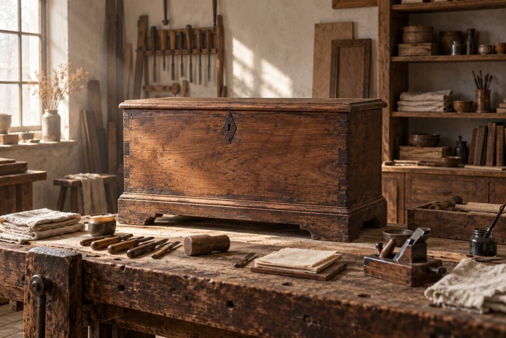 Atelier de restauration avec coffre ancien en bois et outils de menuiserie