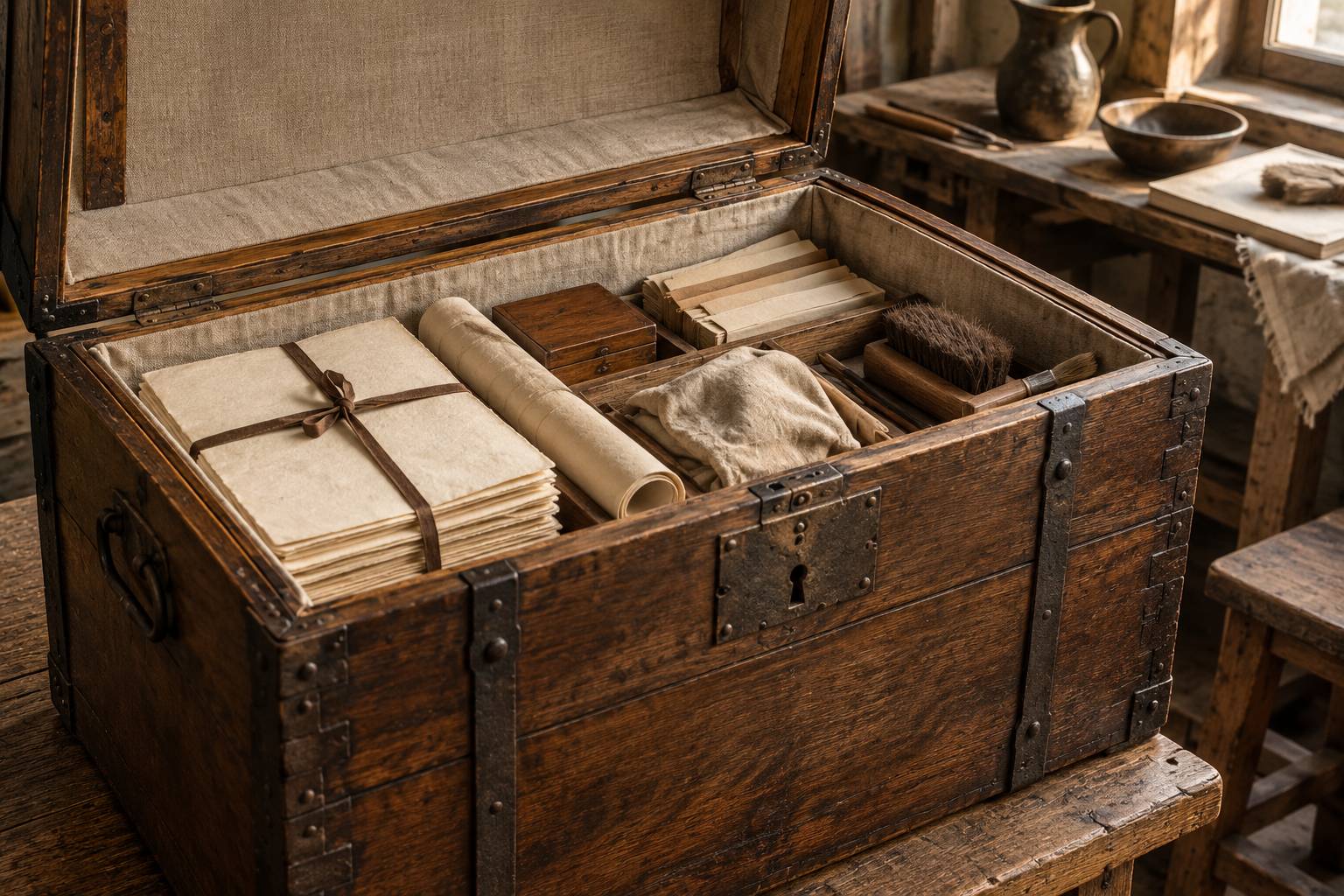 Interieur d'un coffre ancien avec serrure et garniture restaurees