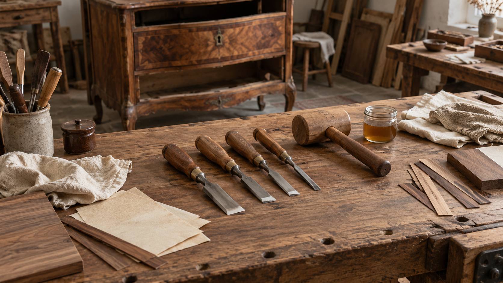 Etabli de restauration avec outils a bois et mobilier ancien