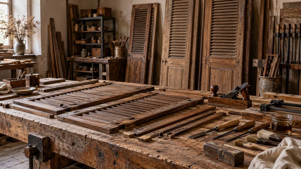 Volets en bois anciens posés sur un établi d'atelier sous une lumière rasante