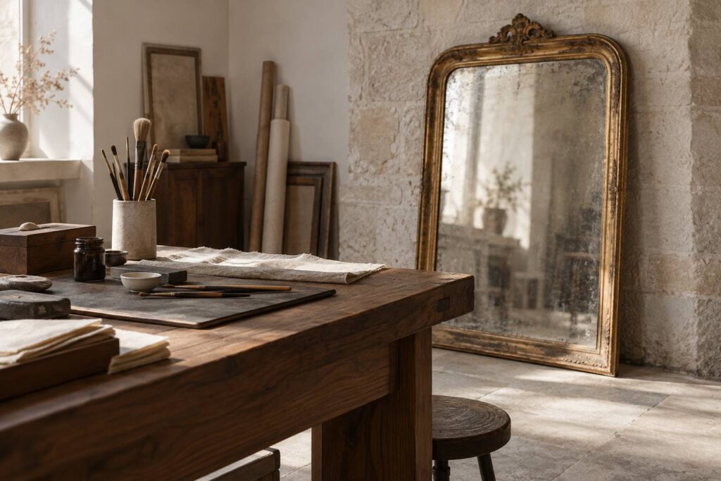 Miroir ancien a cadre dore pose contre un mur d'atelier clair