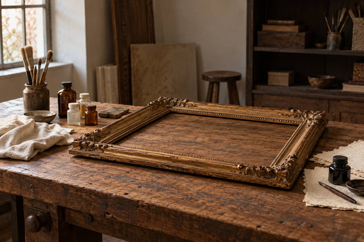 Cadre de miroir ancien et outils de restauration sur un etabli